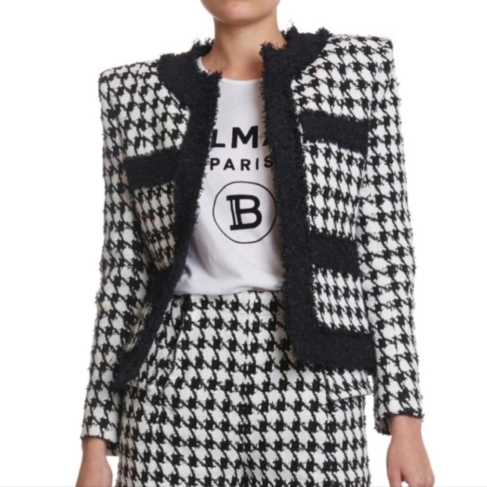 Balmain Black and White Houndstooth Blazer with Frayed Trim